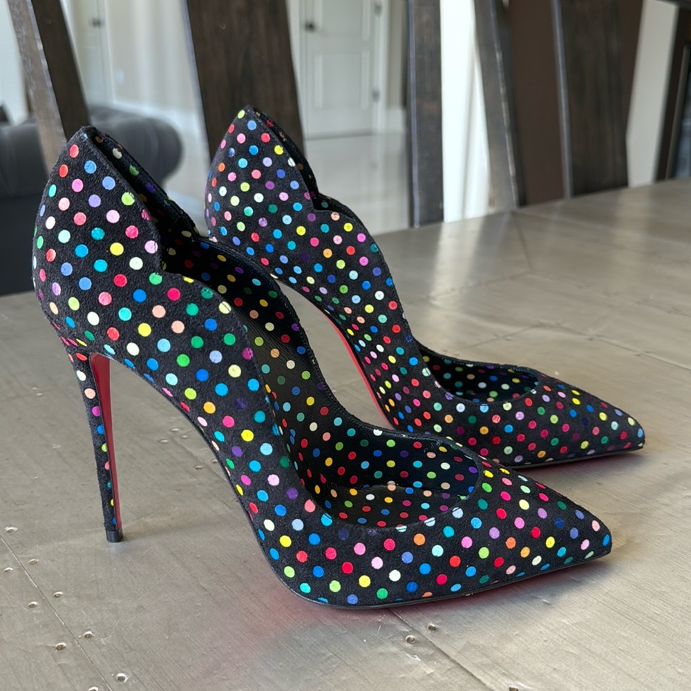 Christian Louboutin hot chick 100mm black suede stiletto boum polka dot pump 39